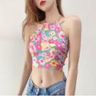 Sleeveless Flower Print Chain-accent Cropped Top