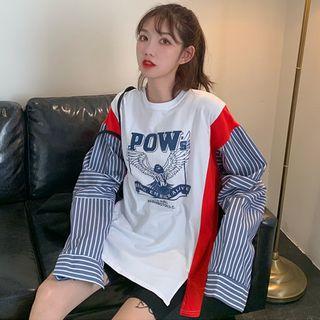 Long-sleeve Color Block Printed Pullover