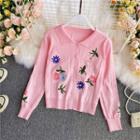 Flower Embroidered Long-sleeve Knitted Cardigan