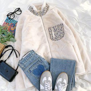 Stand-collar Floral Panel Fleece Jacket Almond - One Size