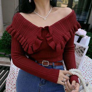 Long-sleeve Wide-collar Frill Trim Knit Top