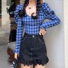 Plaid Blouse / Mini A-line Denim Skirt