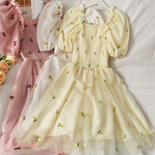 Embroidered Smocked Mesh Midi Dress