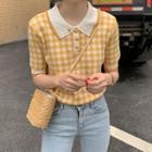 Plaid Knit Short-sleeve Polo Shirt Yellow - One Size