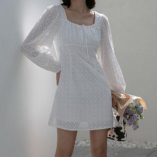 Square-neck Bow-detail Embroidered Mini Dress