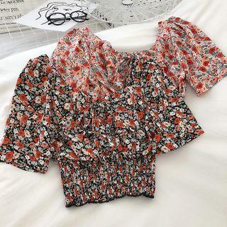 Floral Puff-sleeve Chiffon Crop Top