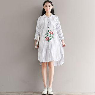 Long-sleeve Embroidered Striped Dress