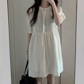 Split-neck Short-sleeve Shift Dress Beige - One Size