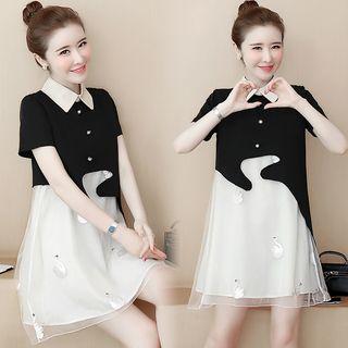 Short-sleeve Collared Mini Mesh Dress