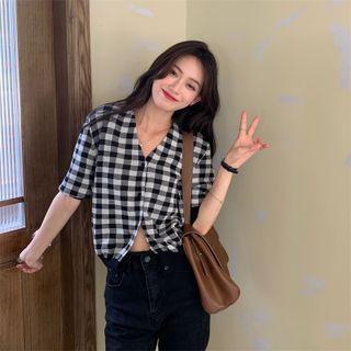 Short-sleeve V-neck Plaid Shirt Plaid - One Size