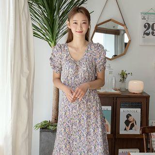 U-neck Shirred Long Floral Dress