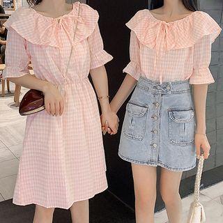 Off-shoulder Short-sleeve Plaid Chiffon Dress / Short-sleeve Plaid Top