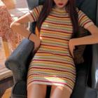Striped Short-sleeve Pointelle Mini Knit Dress Stripe - One Size