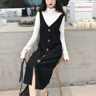 Mock Neck Long-sleeve T-shirt / Knit Midi Pinafore Dress