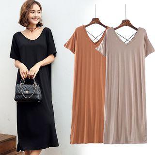 Cross-back Elbow-sleeve Midi T-shirt Dress