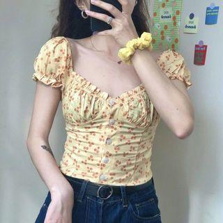 Floral V-neck Puff Short-sleeve Top Yellow - One Size