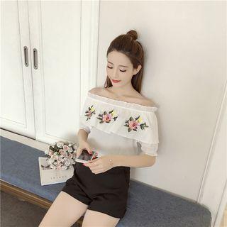 Off-shoulder Embroidery Ruffle Top