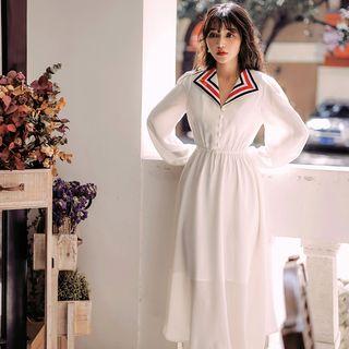 Buttoned Contrast Trim Long-sleeve Midi A-line Dress
