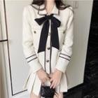 Contrast Trim Tie-neck Blazer / High-waist Pleated Skirt