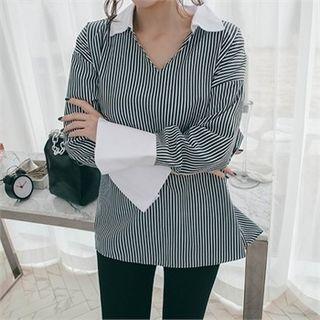 Open-placket Contrast-cuff Blouse