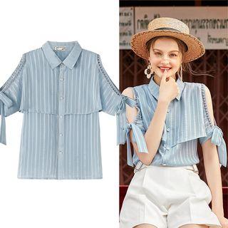 Striped Cold Shoulder Short-sleeve Shirt