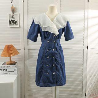Double-breasted Mesh-collar Denim Midi Dress Blue - One Size