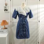 Double-breasted Mesh-collar Denim Midi Dress Blue - One Size
