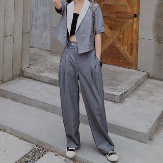 Set: Short-sleeve Blazer + Wide-leg Dress Pants