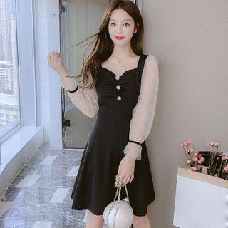 Puff-sleeve Rhinestone Paneled A-line Dress