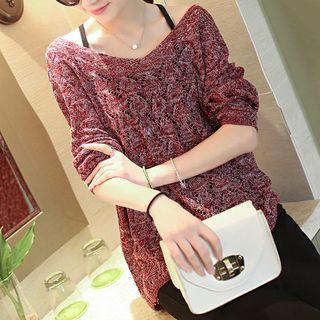 Batwing-sleeve V-neck Open-knit Top