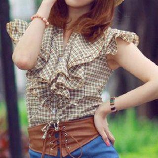 Bow Frill Trim V-neck Plaid Top