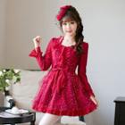 Bow Accent Mesh Panel Long-sleeve A-line Dress