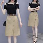 Set: Short-sleeve Cold Shoulder T-shirt + A-line Skirt