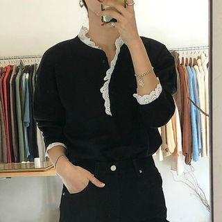 Eyelet Trim Long-sleeve Top Black - One Size