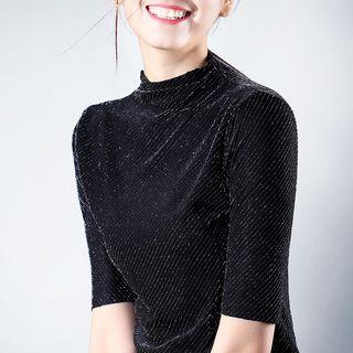 Short-sleeve Mock-neck Glitter Top