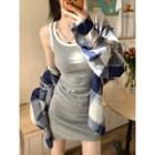 Long-sleeve Plaid Loose-fit Shirt / Contrast Trim Mini Tank Dress