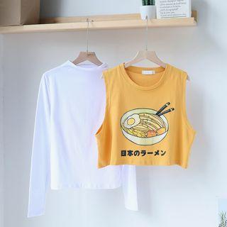 Plain Long-sleeve T-shirt / Printed Cropped Vest