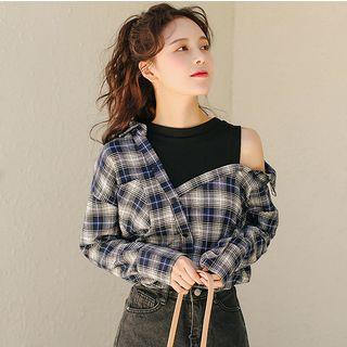 Mock Two-piece Cold-shoulder Plaid Shirt