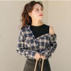 Mock Two-piece Cold-shoulder Plaid Shirt