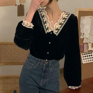 Lace Trim Panel Velvet Top