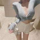 V-neck Long-sleeve T-shirt Light Blue - One Size