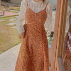 Set: Long-sleeve Blouse + Spaghetti Strap Floral Midi A-line Dress