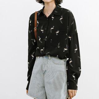 Long-sleeve Flamingo Print Shirt Black - One Size