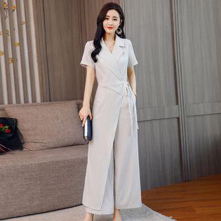 Short-sleeve Striped Jumpsuit