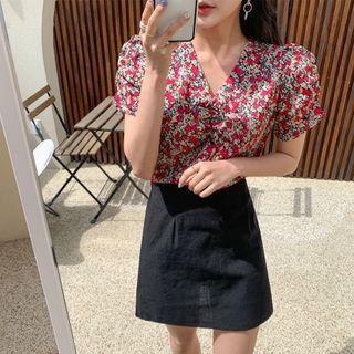 Puff-sleeve Floral Print Top Black - One Size