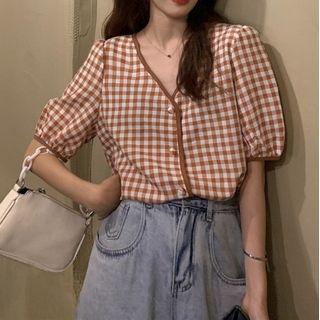 V-neck Plaid Puff Sleeve Blouse