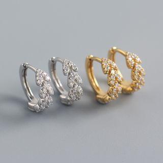 Rhinestone Leaf Sterling Silver Hoop Earring