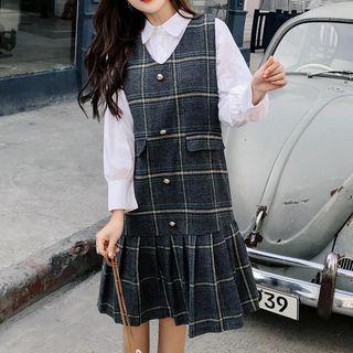 Set: Balloon-sleeve Shirt + Sleeveless Plaid Midi Pleated Dress