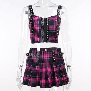 Plaid Zip Cropped Camisole Top / Pleated Mini A-line Skirt