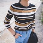 Color-block Round-neck Long-sleeve Slim-fit Ribbed Knit Top